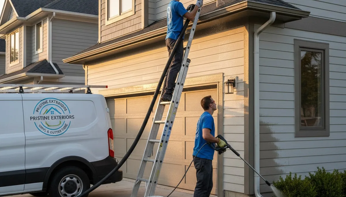 Technician cleaning residential gutters in Kansas City, MO for Next Level Exteriors maintenance service