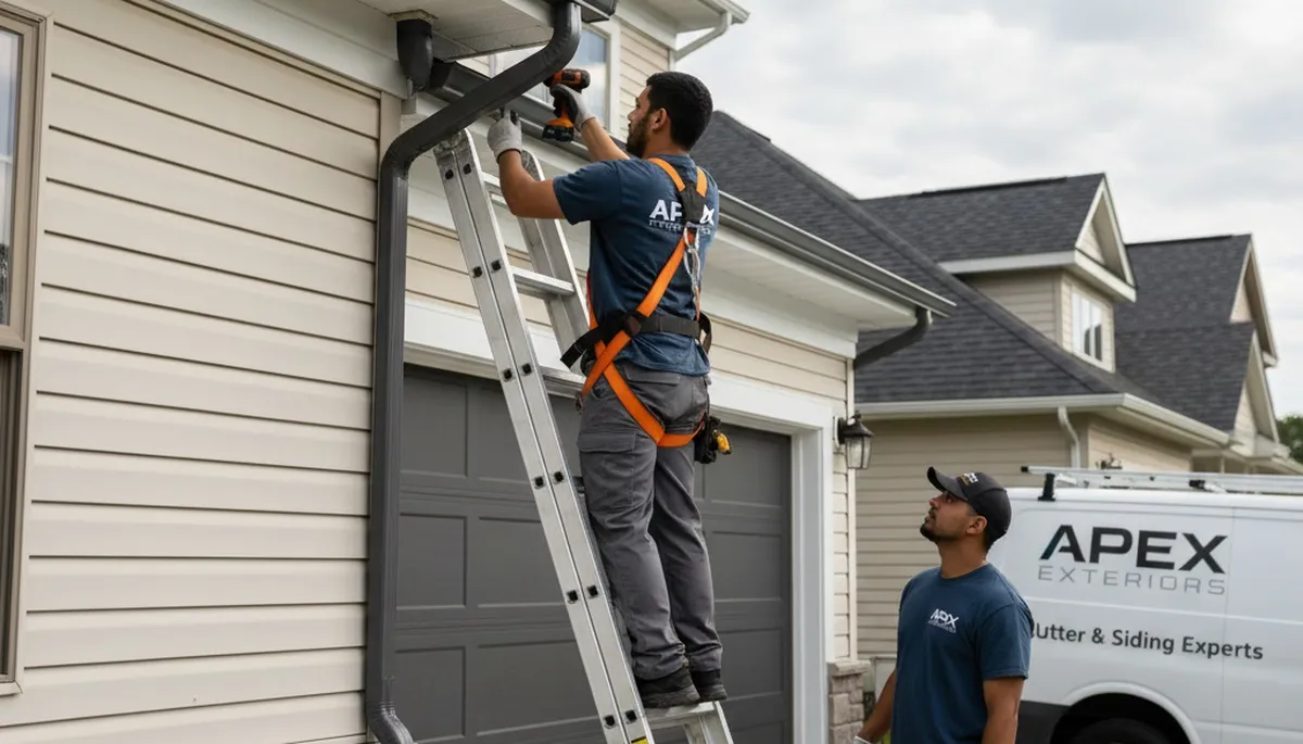 Technician repairing residential gutter system in Kansas City, MO for vinyl siding maintenance