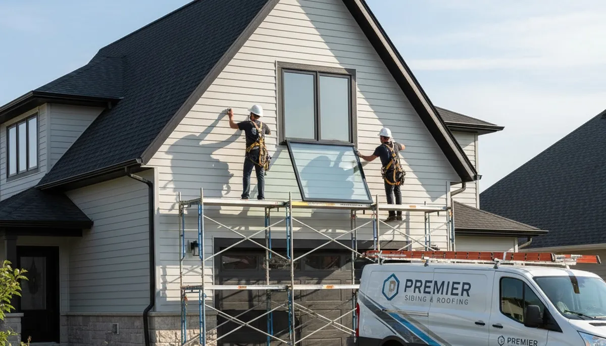 Vinyl siding contractor repairing storm-damaged skylight in Kansas City, MO home exterior
