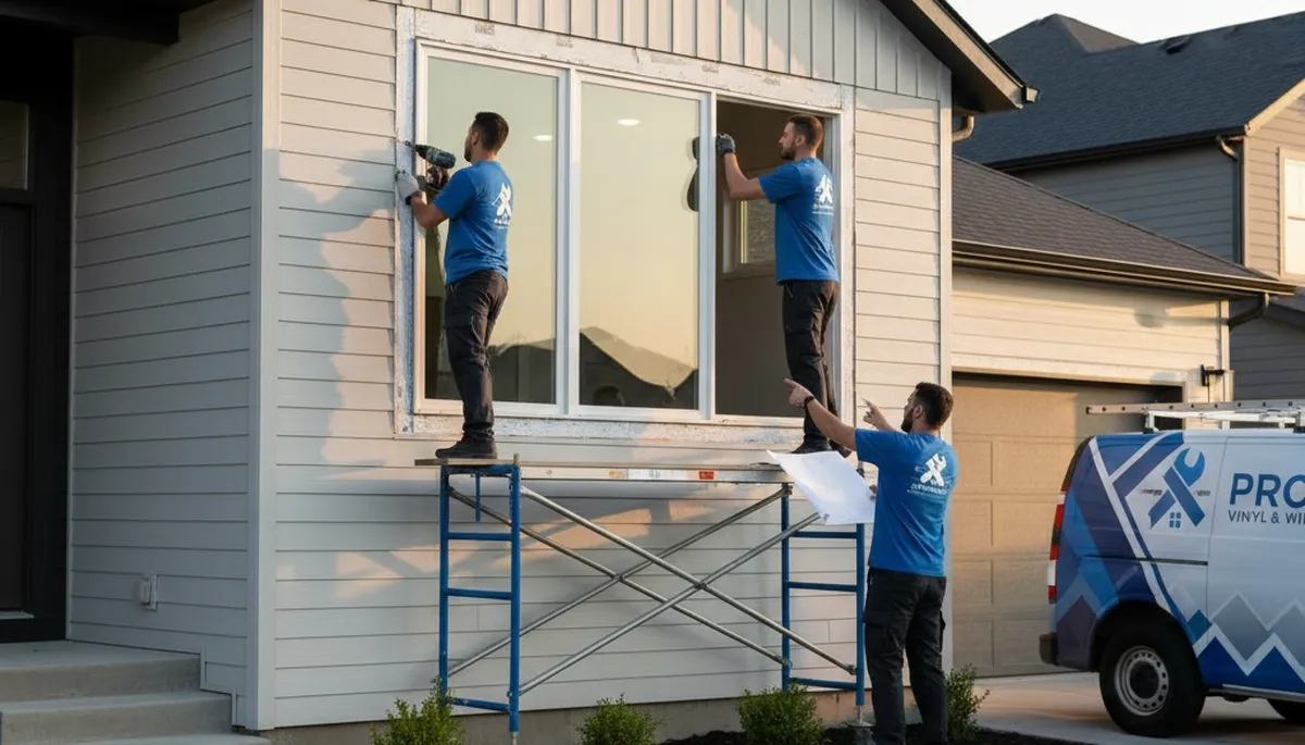 Technician repairing residential window frame in Kansas City, MO for Next Level Exteriors siding services